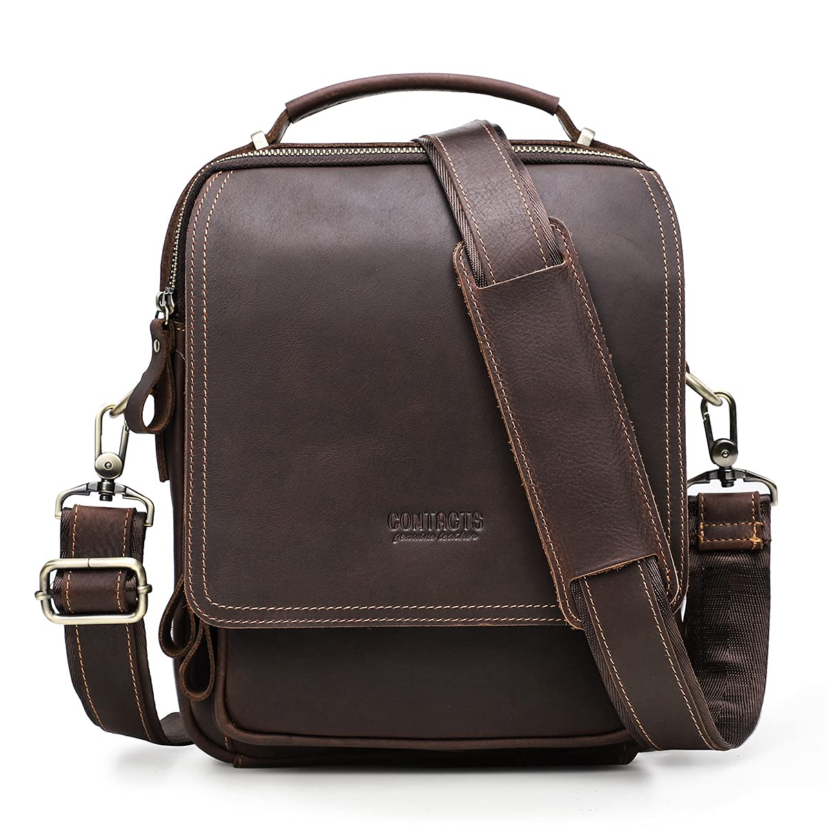 Contacts Sac à bandoulière en cuir pleine fleur pour homme - Convient aux tablettes de 9,7" - Pour le travail, le bureau, les affaires, les sacs à main avec porte-clés et porte-cartes