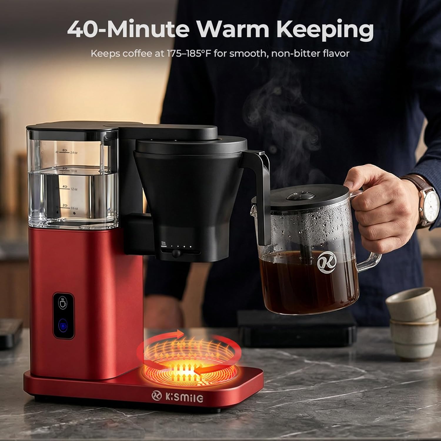 Kismile 8 Cup Drip Coffee Maker, SCA Certified Hot & Cold Brew Pour Over Coffee Machine, Fast Heating to 197–205℉, 40 Min Keep Warm, Adjustable Flow Control, Easy to Clean