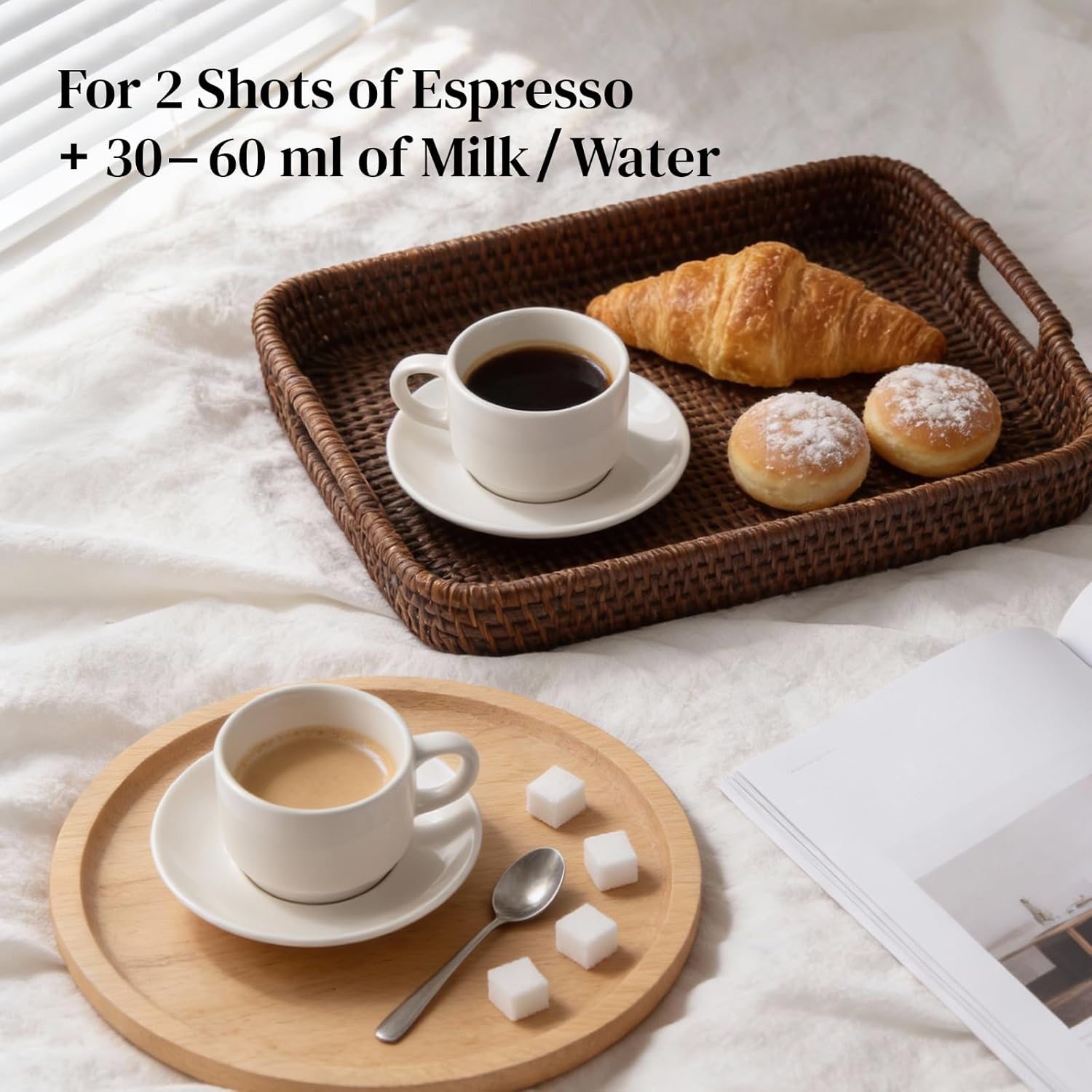 DOWAN 4 Ounce Porcelain Stackable Espresso Cups with Saucers Set of 4, White Espresso Cups for Home, Office and Cafe Use
