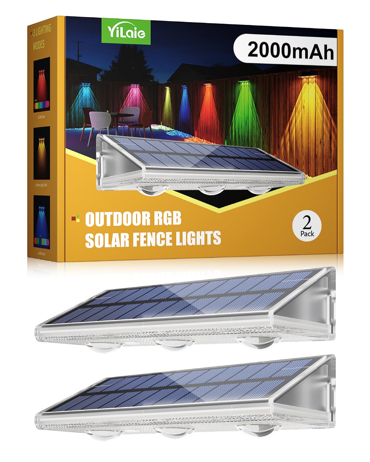 YiLaie Solar Fence Lights Outdoor, Upgrade 2000 mAh Solar Wall Lights, 7 Colors & 8 Lighting Modes, IP67 Waterproof, RGB Fence Lights for Backyard Wall Step Patio Railing Pool Porch (2 Pack)