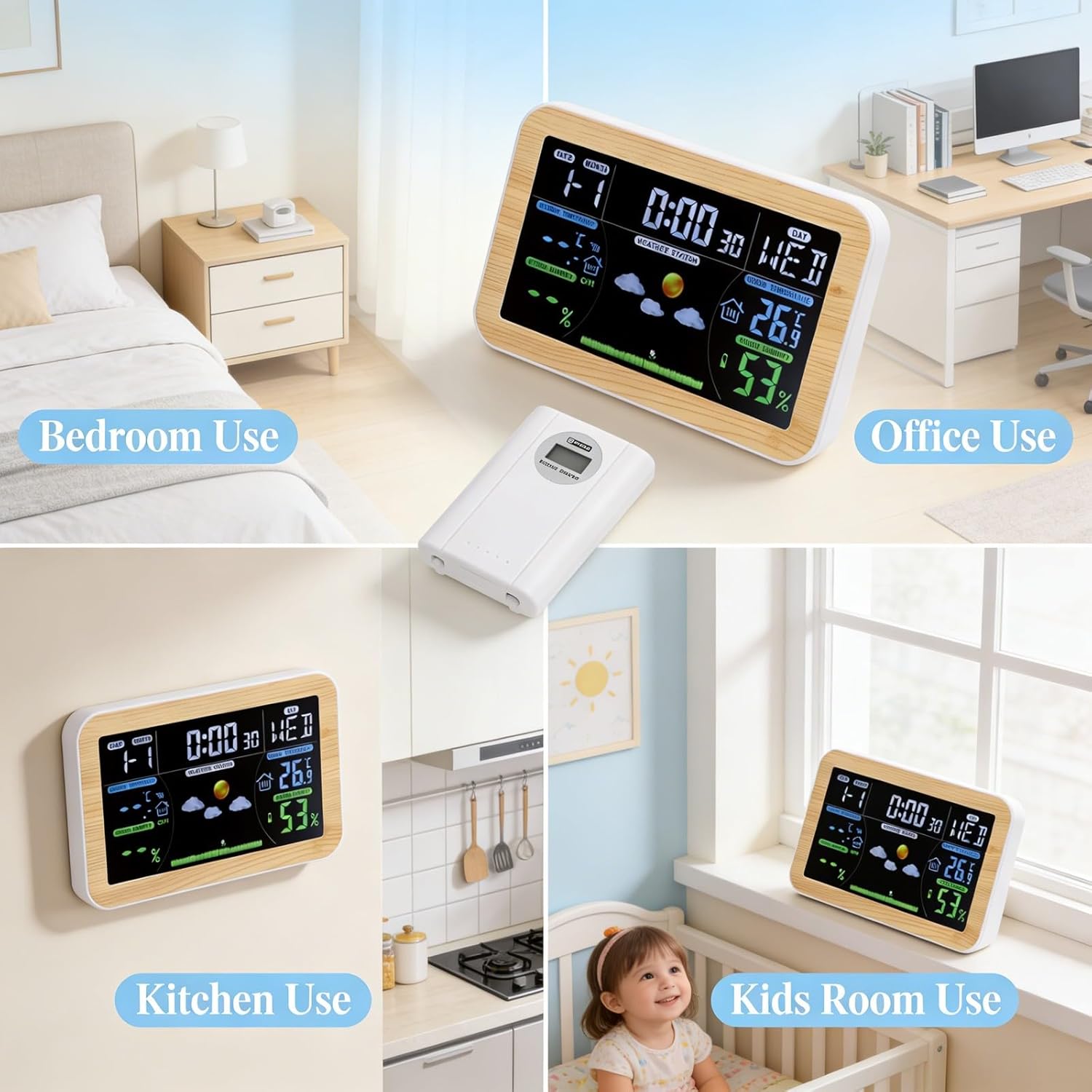 LCD Weather Clock with Indoor Outdoor Temperature Humidity, 24 Hour Forecast, Multi Language Week Display - Accurate Radio Wave Timekeeping, Triple Outdoor Monitoring, Ideal for