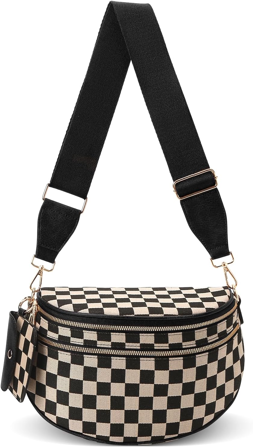 Crossbody Bum Bags for Women - Checkered Cross Body Bumbags Large Fanny Pack Trendy Belt Purse for Daily (A01 Brown)