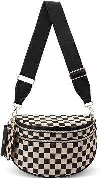 Crossbody Bum Bags for Women - Checkered Cross Body Bumbags Large Fanny Pack Trendy Belt Purse for Daily A02 Black