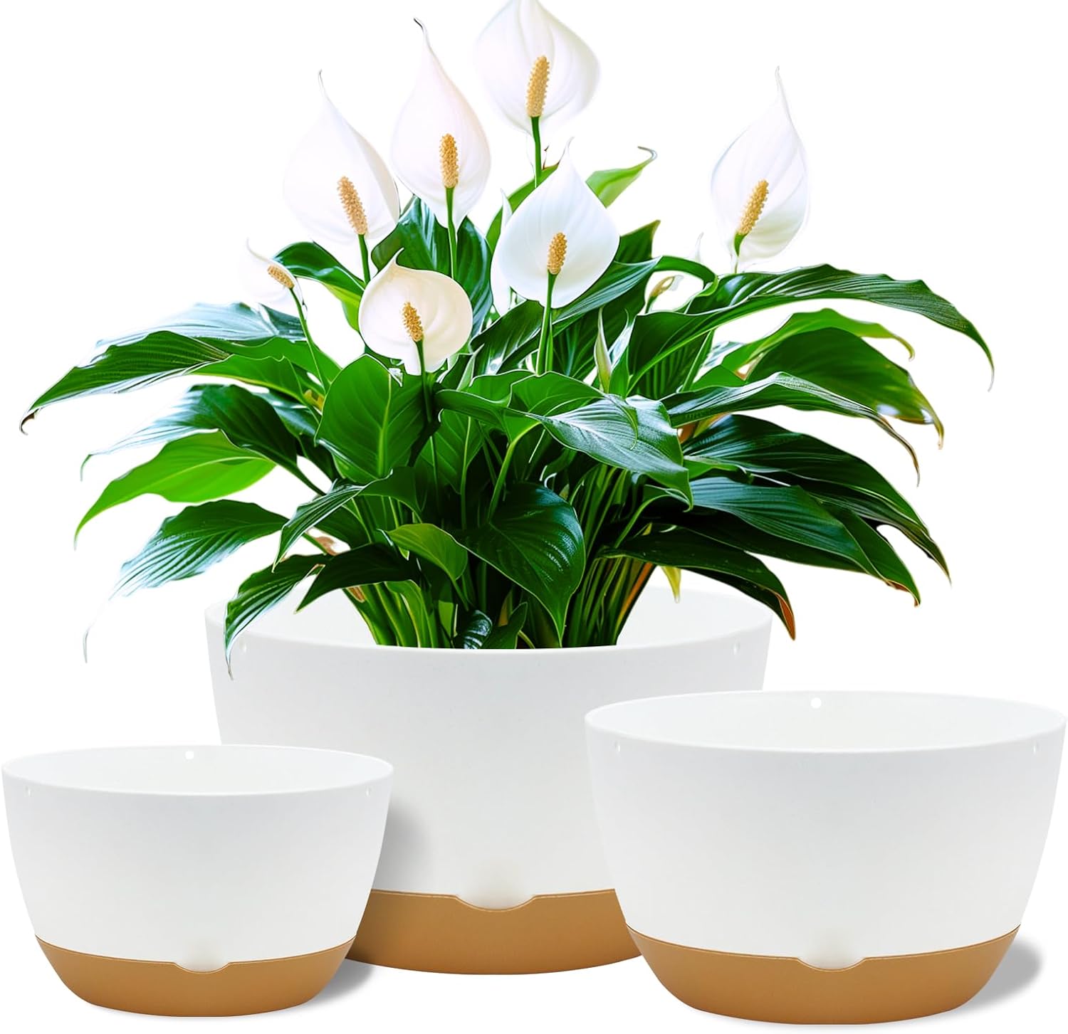 Koalaime 8/10/12 Inch Pots for Indoor Plants, Large Self Watering Planters with Drainage and Saucers, Plastic Outdoor Flower Pot, Set of 3, White