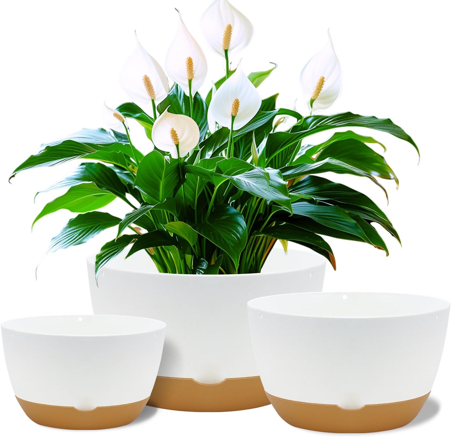 Koalaime 8/10/12 Inch Pots for Indoor Plants, Large Self Watering Planters with Drainage and Saucers, Plastic Outdoor Flower Pot, Set of 3, White