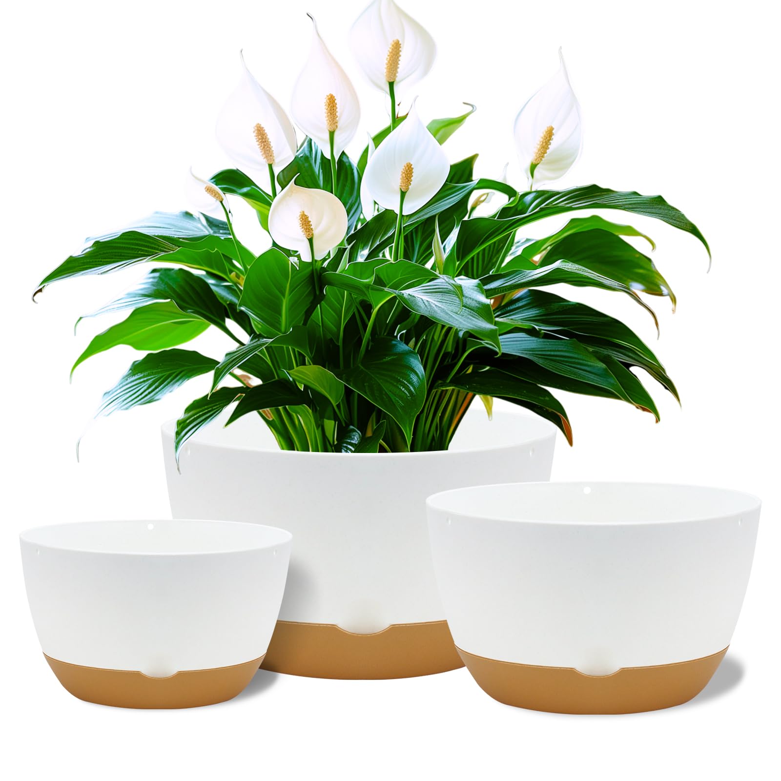 8/10/12 Inch Pots for Indoor Plants, Large Self Watering Planters with Drainage and Saucers, Plastic Outdoor Flower Pot, Set of 3, White