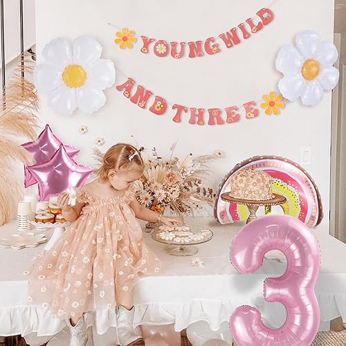 Miniatura 5 de Cartel de niña Young Wild y Three Decoration, decoraciones de fiesta de tercer cumpleaños, Groovy Retro Hippie Boho Daisy Flower Rainbow y Pink