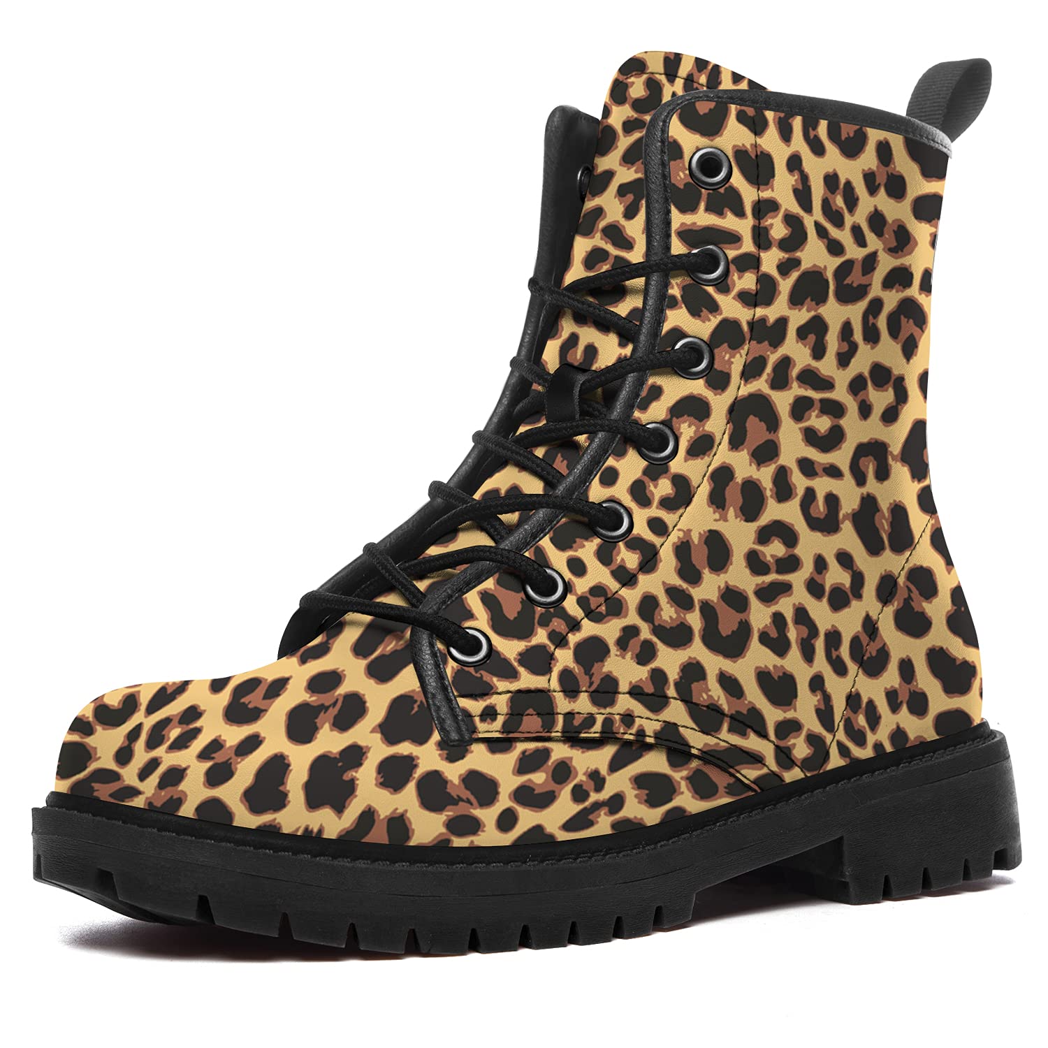 Leopard Print Boots for Women Combat Boot Lace Up Fashion Ankle Leather Boots