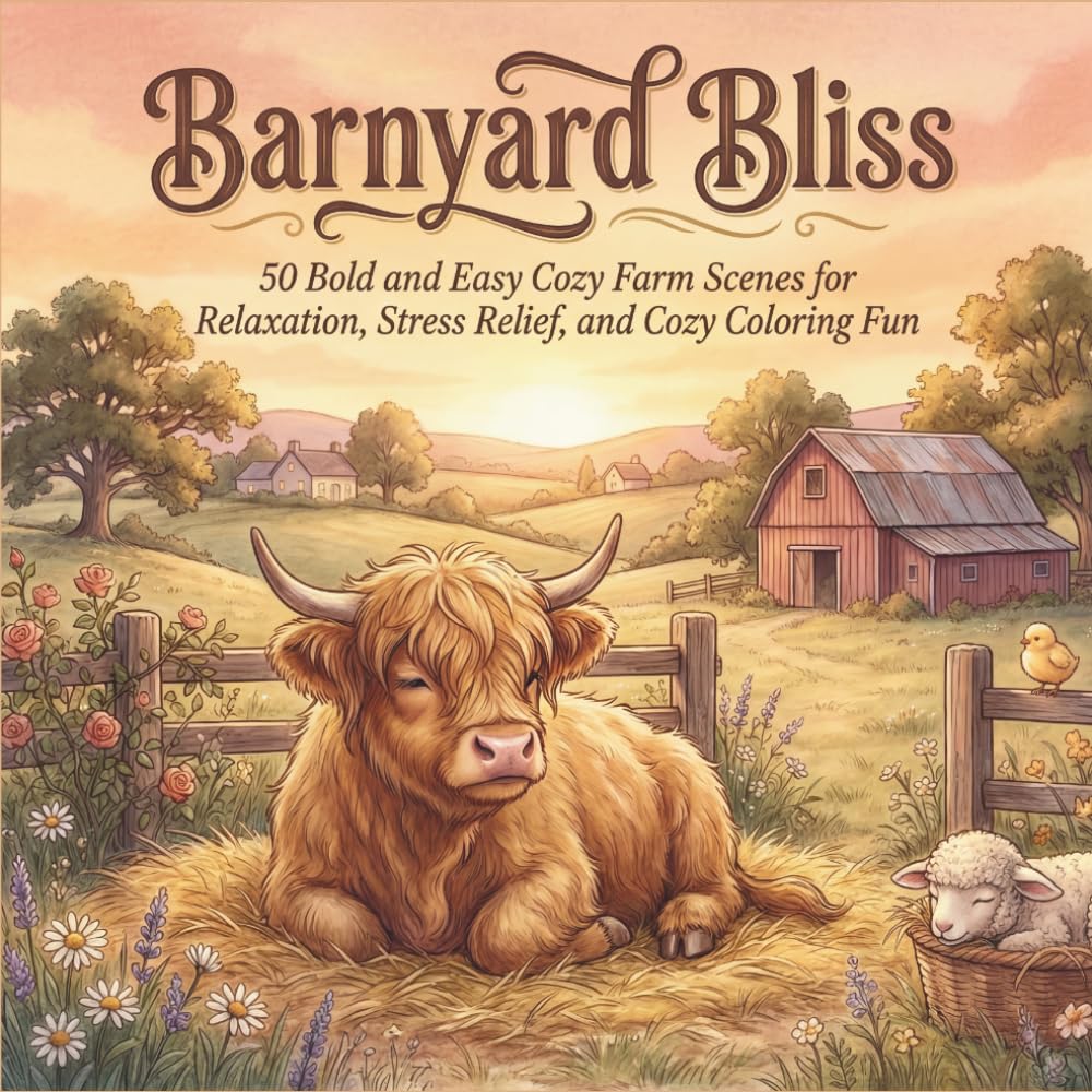 Barnyard Bliss: 50 Bold and Easy Cozy Farm Scenes for Relaxation, Stress Relief, and Cozy Coloring Fun
