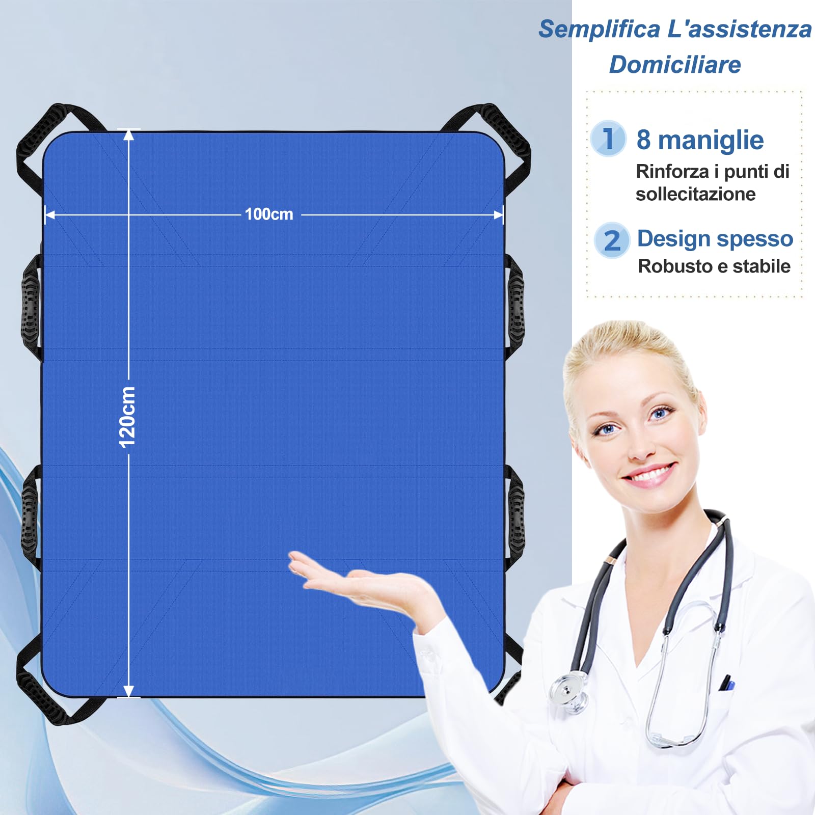 Telo Scivolamento per Anziani 100 * 120cm, Foglio Di Trasferimento per Pazienti con 8 Maniglie, Cinghia di Trasferimento per Persone in Sovrappeso e Disabili e Sollevatori e Allettati