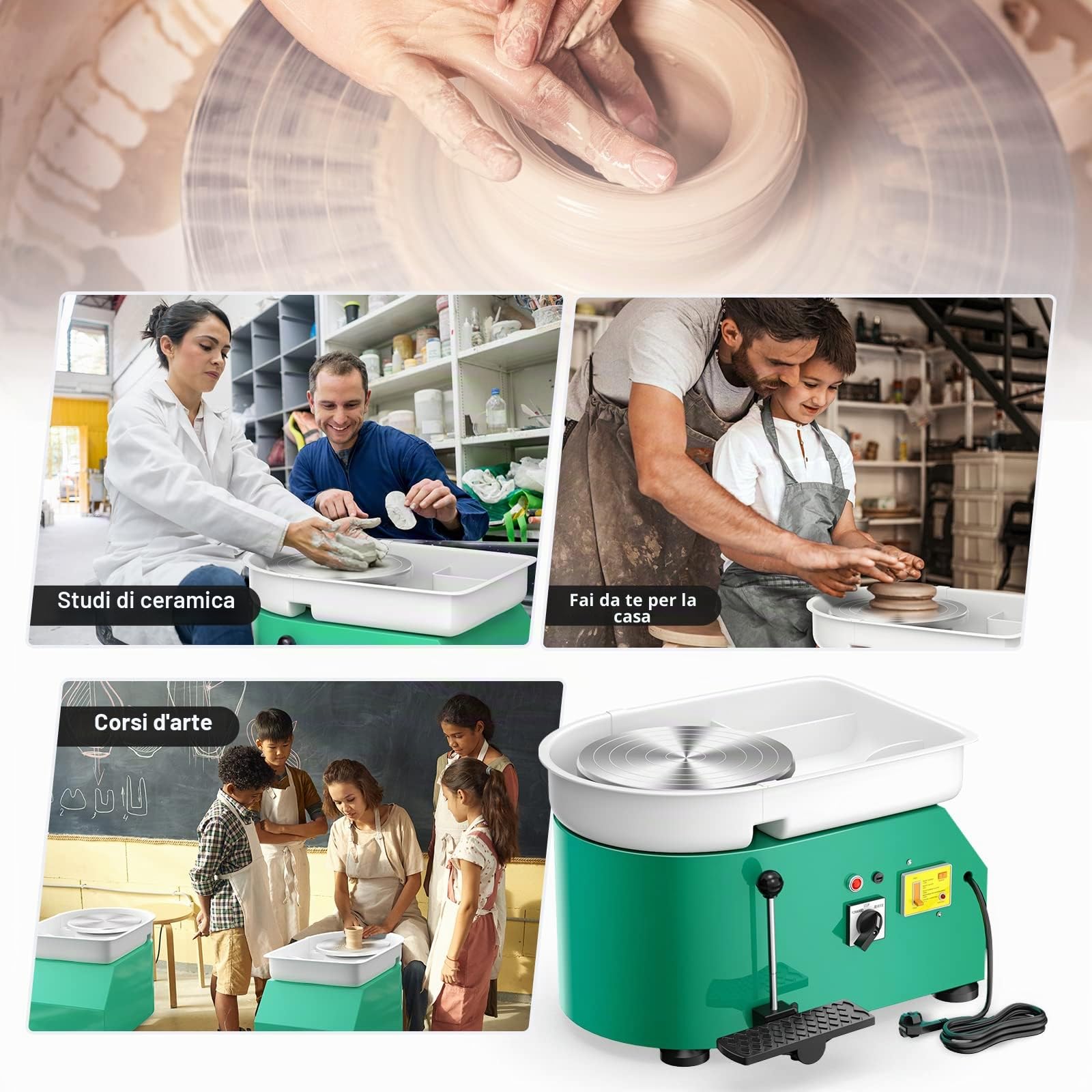 Tornio per Ceramica, 25CM Macchina da Tornio per Argilla che Forma la Macchina 350W Strumento Elettrico di Argilla fai da te con Pedale e Bacino Staccabile