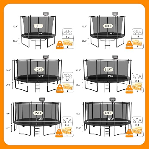 Miniatura 2 de Tranpoline para niños y adultos, 1500 libras, 16 pies, 15 pies, 15 pies, 14 pies, 12 pies, 10 pies, 8 pies, tranpolina con aro de baloncesto, red de