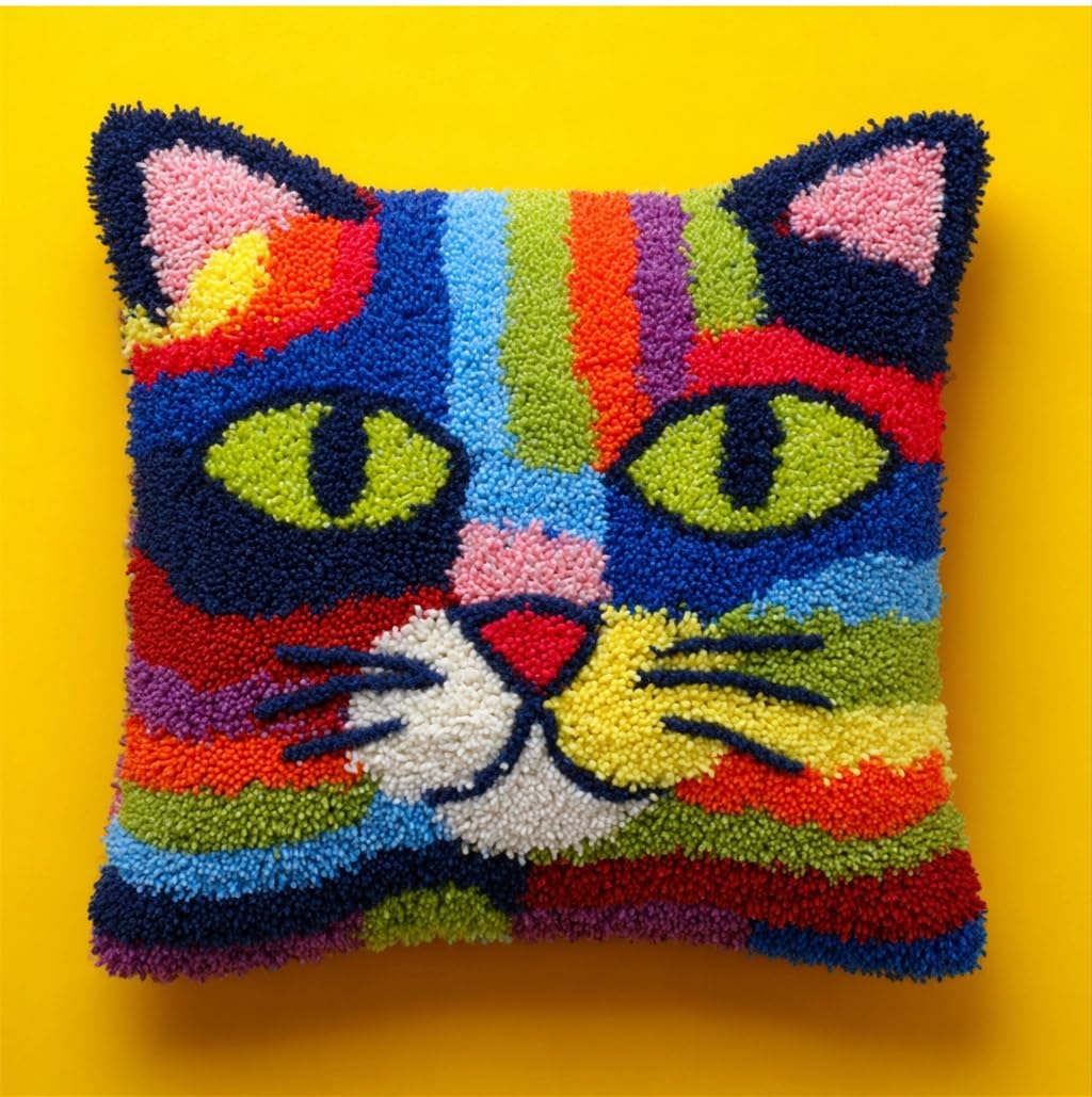 Taxpy Latch Hook Kits for DIY Throw Pillow Cover, Cat Colorful Handmade Pillow Case Cross-Stitch Embroidery Cushion for Home Decoration, Festival 17X17Inch
