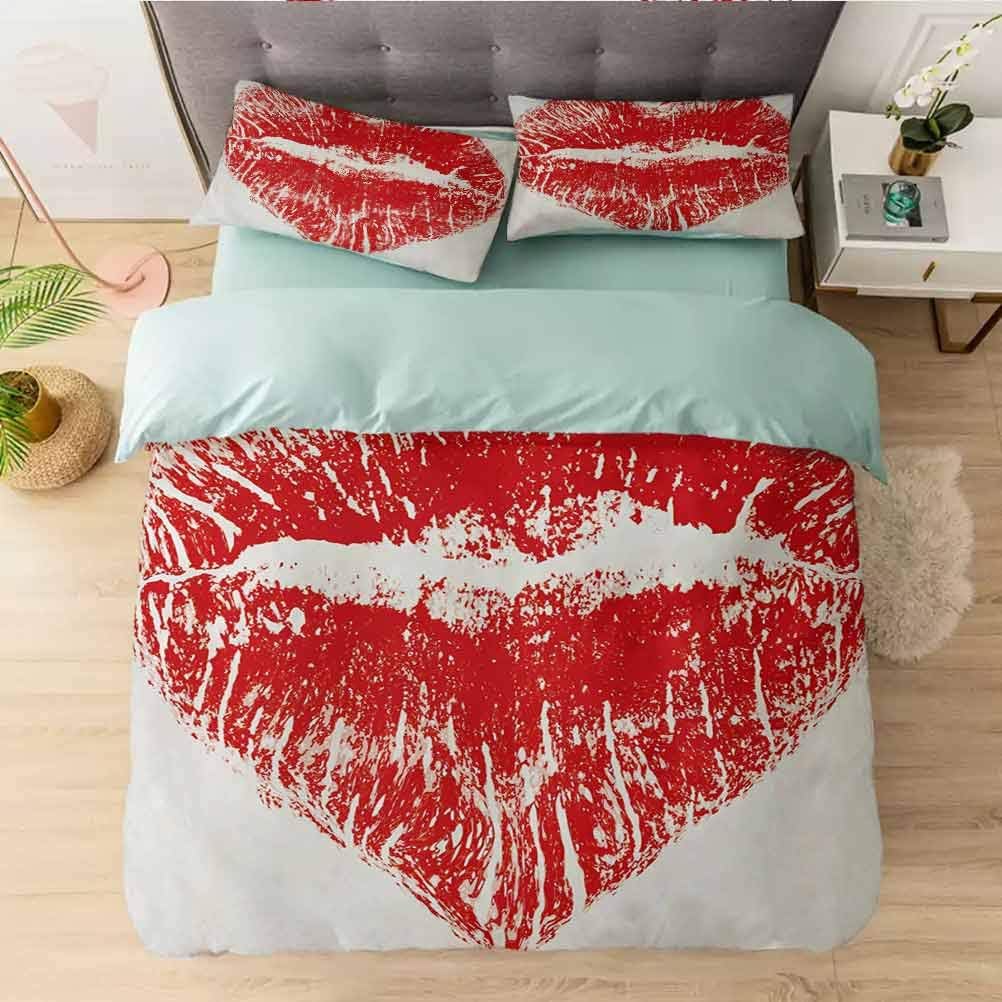 Bedding Comforter Cover Set, Red Lipstick Mark in The Shape of a Heart