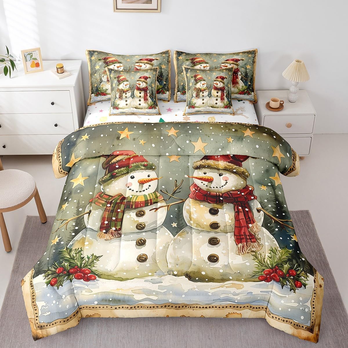 Queen Size 7 Piece Bedding Sets Star Snowflake Comforter Set Vintage Snowman Bed Sheet Christmas Reversible Printed Quilt Set + Flat Sheet + Fitted Sheet + 2 Pillowcase + 2 Throw Pillow Covers