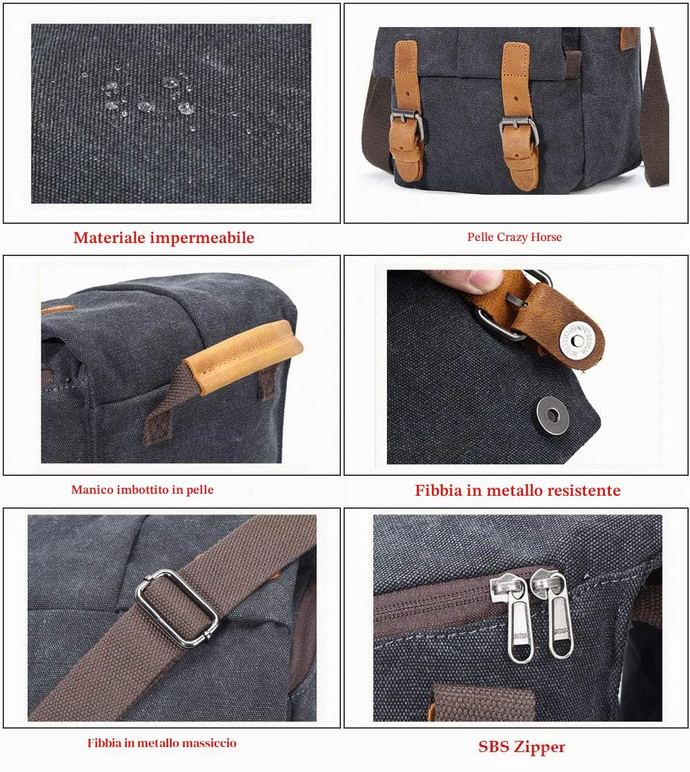Borsa a tracolla per fotocamera, in tela, impermeabile, con finiture in pelle, antiurto