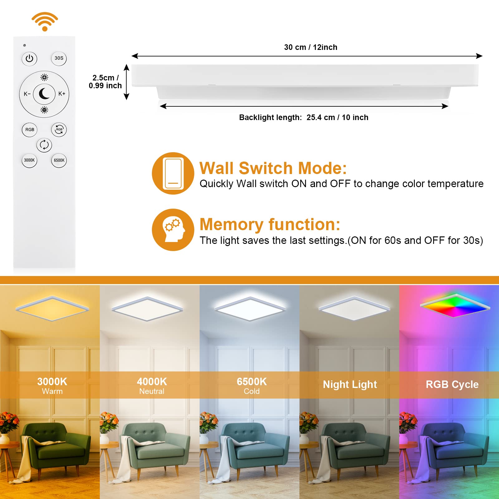 LEZOE Plafoniera LED RGB dimmerabile con telecomando, lampada da soffitto 24W 2400LM che cambia colore, pannello LED piatto 3000K-6500K per soggiorno camera da letto cameretta cucina bagno 30x2,5 cm
