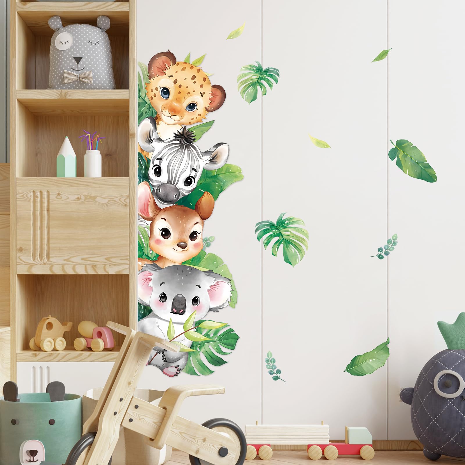 Safari Pegatinas de Pared Animales del Bosque Adhesivos Pared Plantas Cebra Ciervo Koala Vinilos Decorativos para Niños Bebés Habitación Cuarto de Jugar Dormitorio Guardería