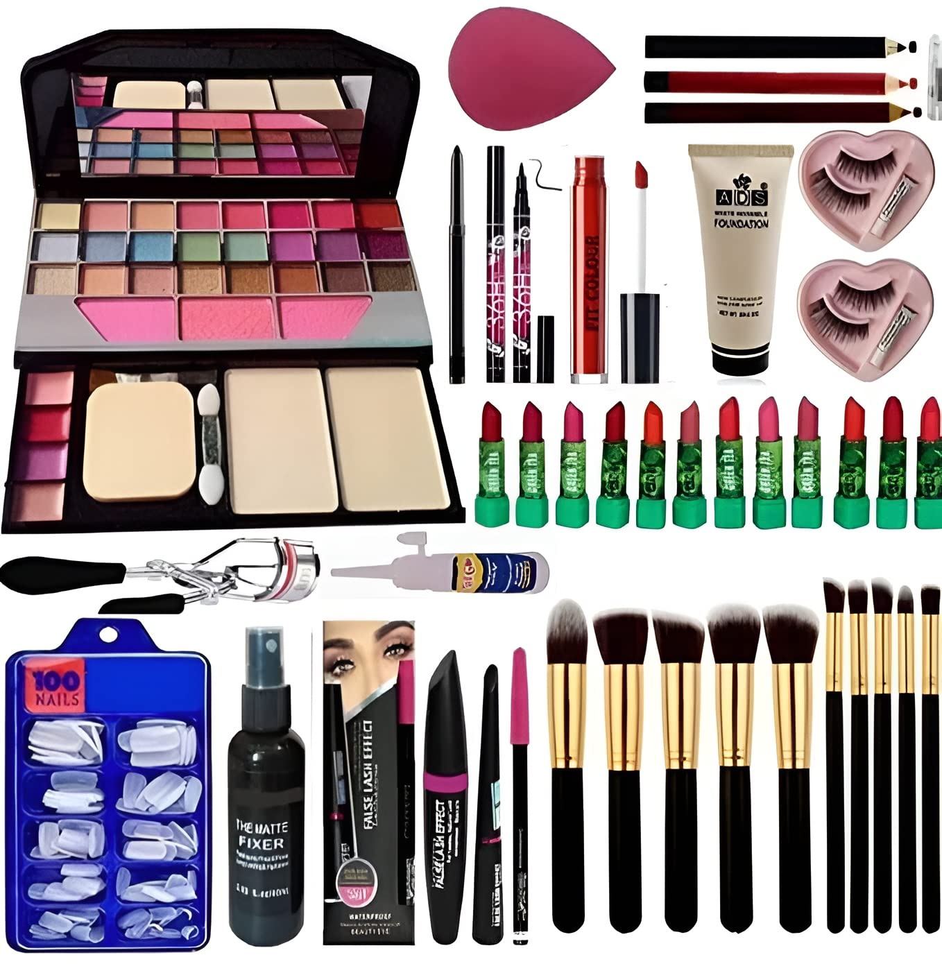 Rjguddu Tya 6155 Makeup Kit with 10 Black Brush 12 Lipstick Set