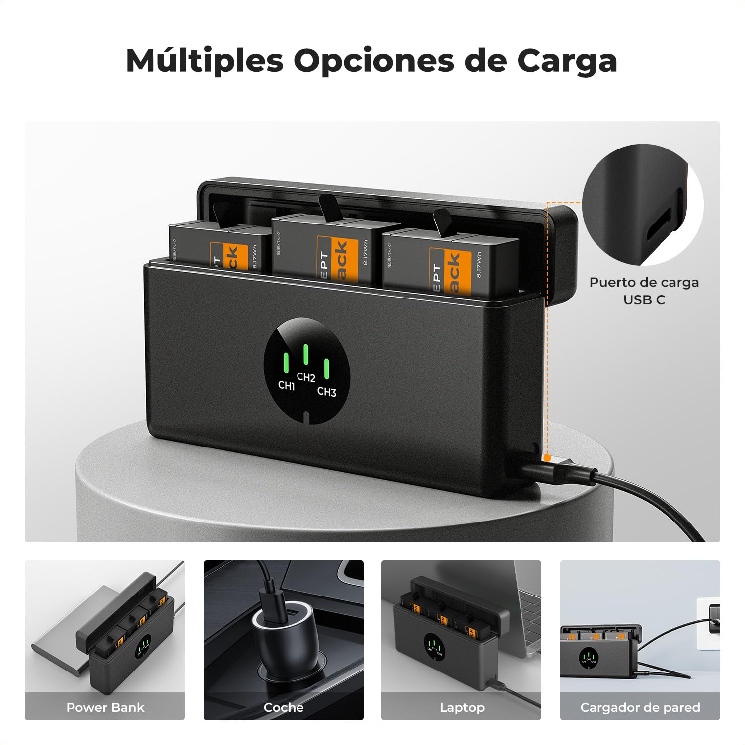 K&F CONCEPT 3 Pack Baterías 2100mAh y Cargador Compatible con Hero 13 Black Funda de Carga Rápida