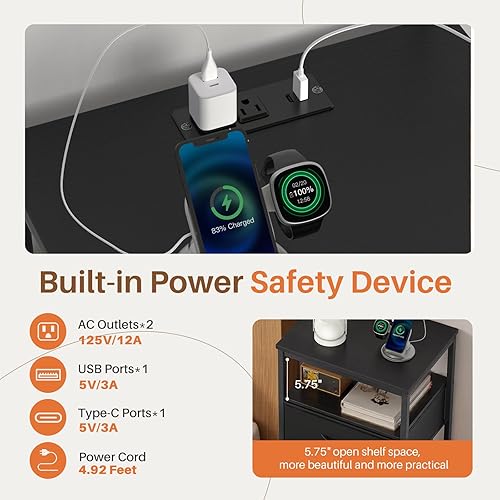 Miniatura 6 de Sweetcrispy Mesita de noche con estación de carga, mesa auxiliar con 4 cajones de tela y puertos y tomas USBtipo C, mesita de noche para muebles de