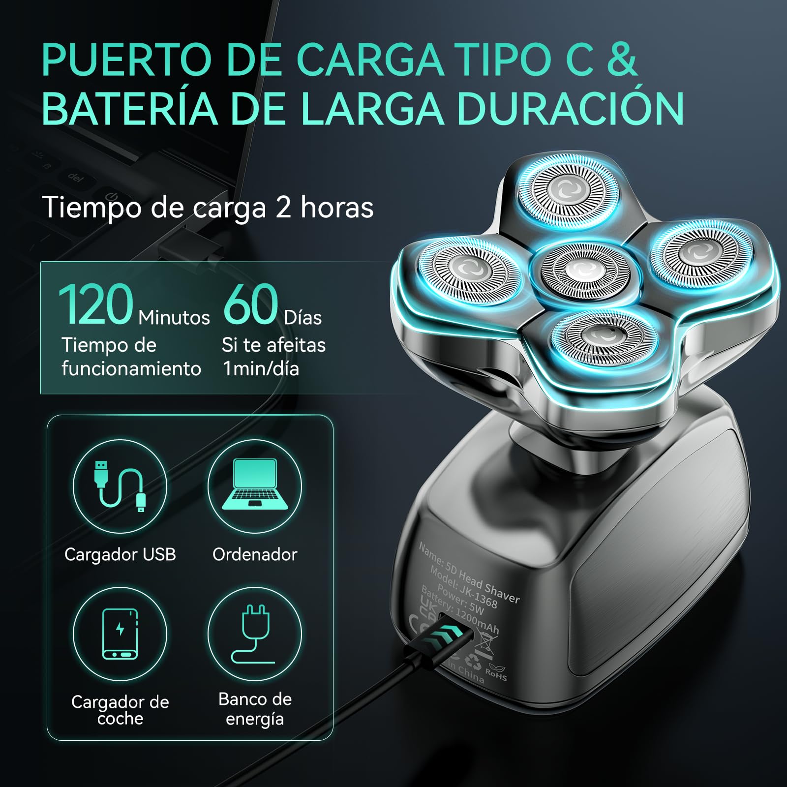 Kensen Afeitadora Cabeza Hombre 3 en 1, IPX6 Impermeable Maquina Afeitar Cabeza para Calvo con Cabezales Magnéticos 5D, Cortapelos y Nariz, Afeitado en Seco y Húmedo, Carga USB-C