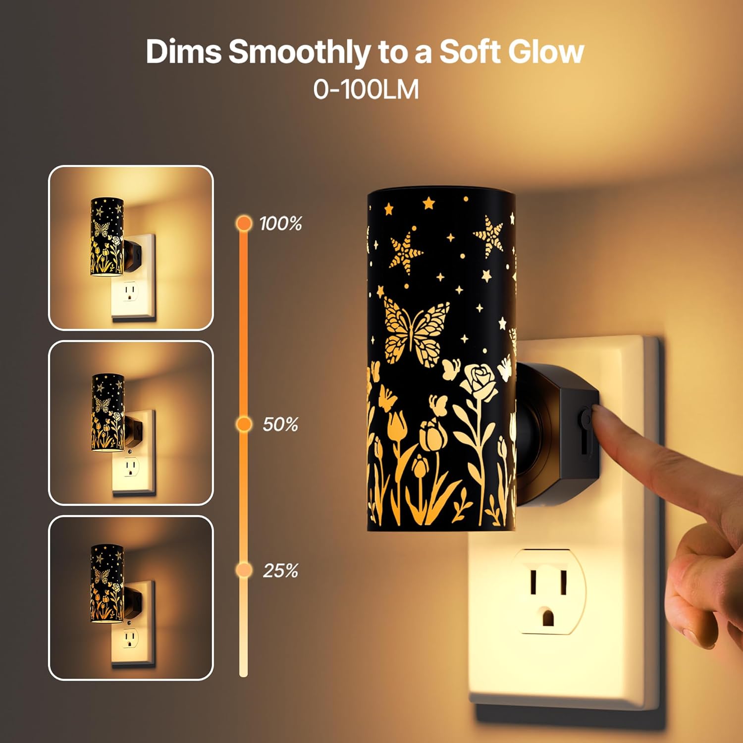 LED Night Lights Plug into Wall, 2-Pack 3000K Bright Plug in Nightlights, Dusk-to-Dawn, Dimmable 0-100LM, Auto-On/Off, Home Decor for Bedroom, Bathroom, Hallway, Kitchen, Black Butterfly