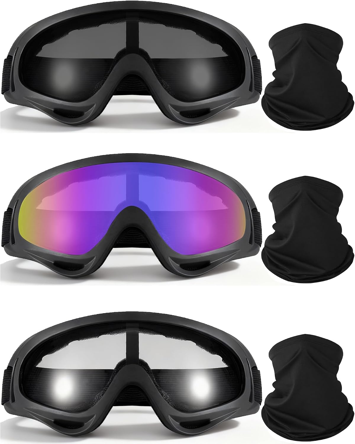 3 Pairs Motorcycle Goggles UV Protection Ski Goggles With 3 Pieces Neck Gaiter Riding Dust And Windproof