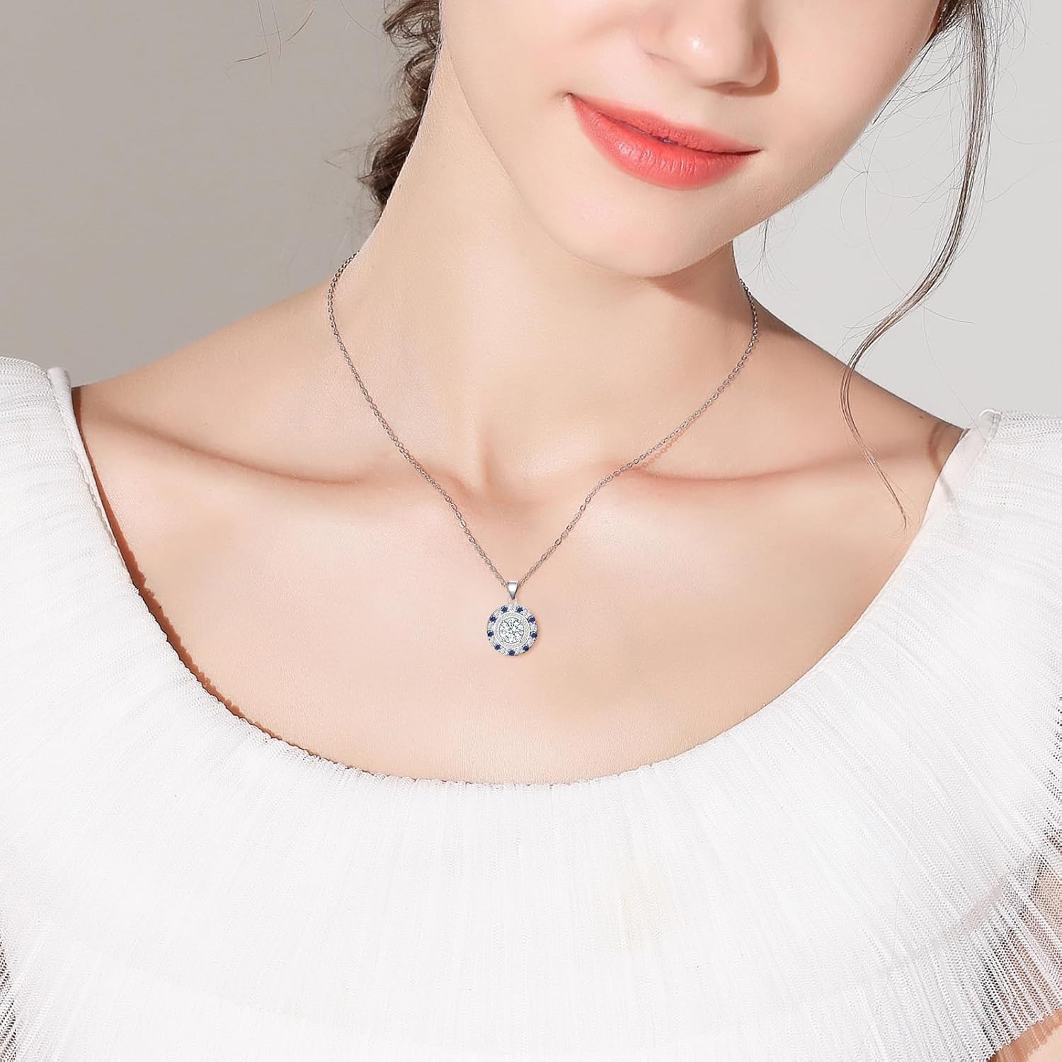 Sapphire Circle Pendant Necklace for Women for Women S925 Sterling Silver Round Cut Halo CZ Design with Blue Crystals, Sparkling Cubic Zirconia Adjustable Chain Necklace for Birthday Wedding Christmas - Image 5
