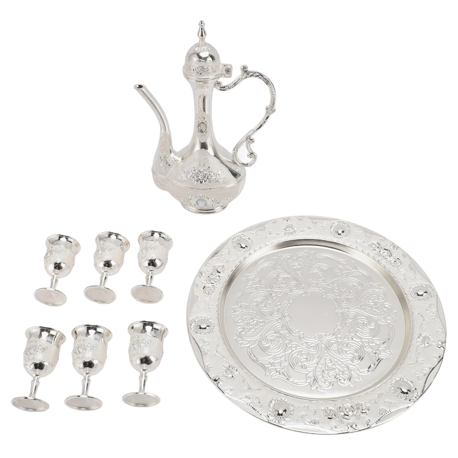 Vintage Teapot Set, Vintage Coffee Pot Set Vintage Tea Set with 6 Coffee Cups and Tea Tray Gold Plated Red Rose Zinc Alloy Tea Set for Home Party Banquet Wedding(Silver)