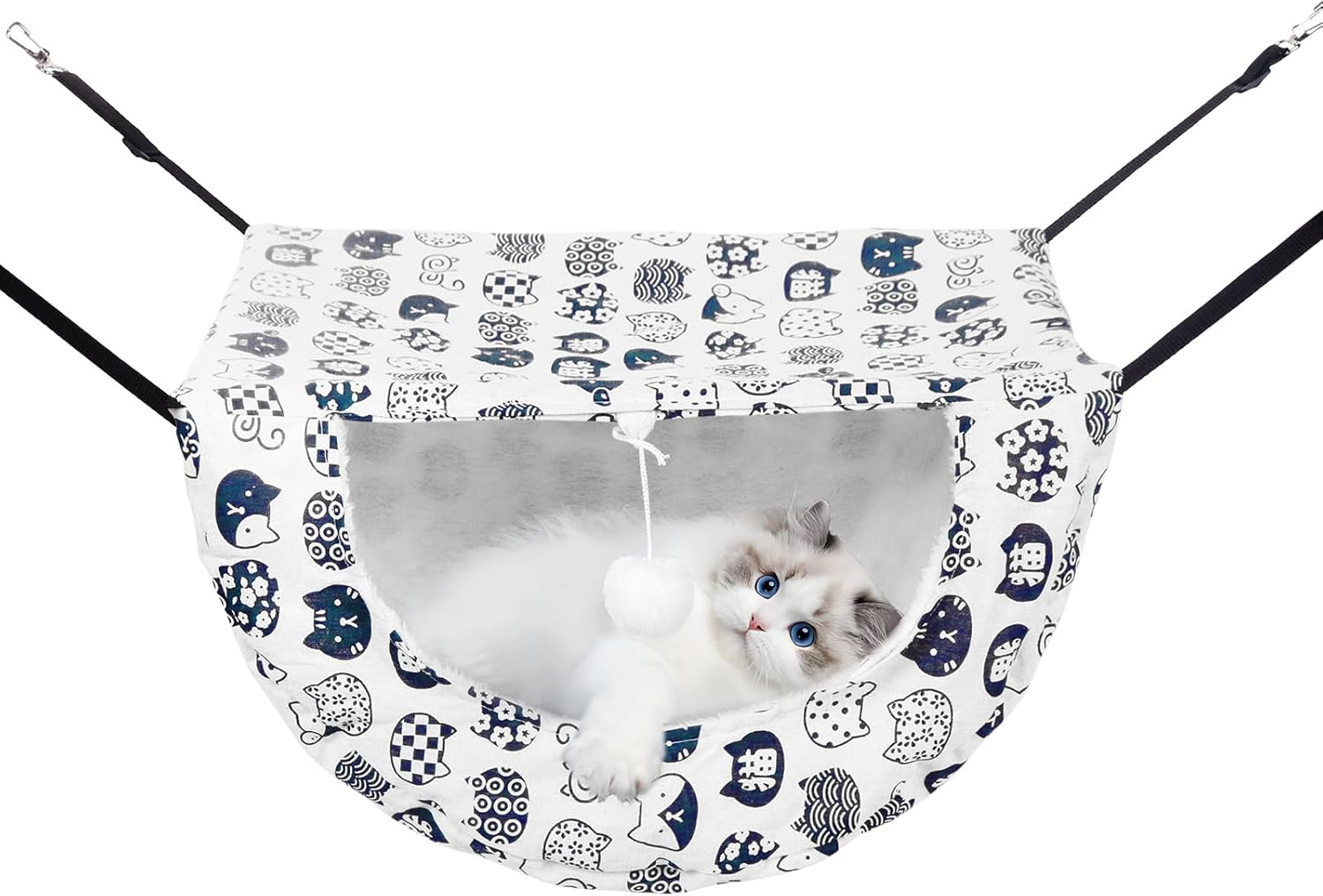 Cat Hammock for Cage with Ball,Hanging Pet Hammock Bed Adjustable,Double Layer Soft Sleeping Hammock for Cats,Ferret,Puppy,Rabbits,Small Animals,1Pack (White)