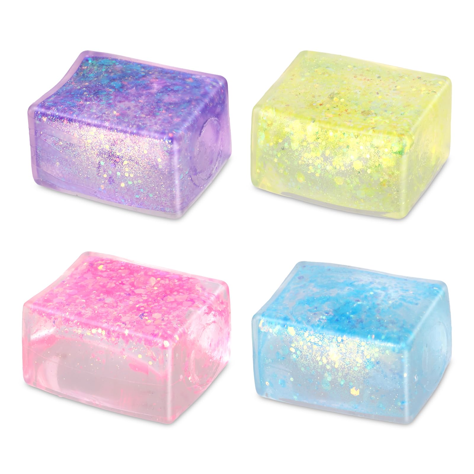 4pcs Glitter Ice Cube Stress Balls, Colorful Ice Cube Fidget Toy Funny Squeeze Ball Square Nice Stress Cube Squishy Autism ADHD Sensory Toys for Adults Kids Gifts
