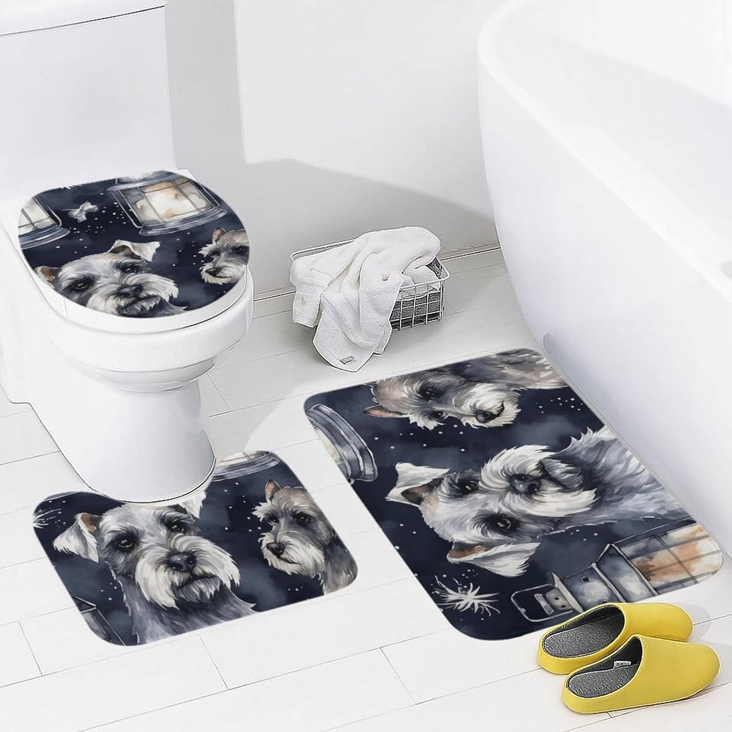 Anti-Skid Floor Mats 3 Piece Set,Dog and Lantern Printed Coral Fleece Bathroom Mats U-Shaped Contour Mat Toilet Seat Cover for Bathroom, Tub, Shower, Kitchen 19.7"x31.5"