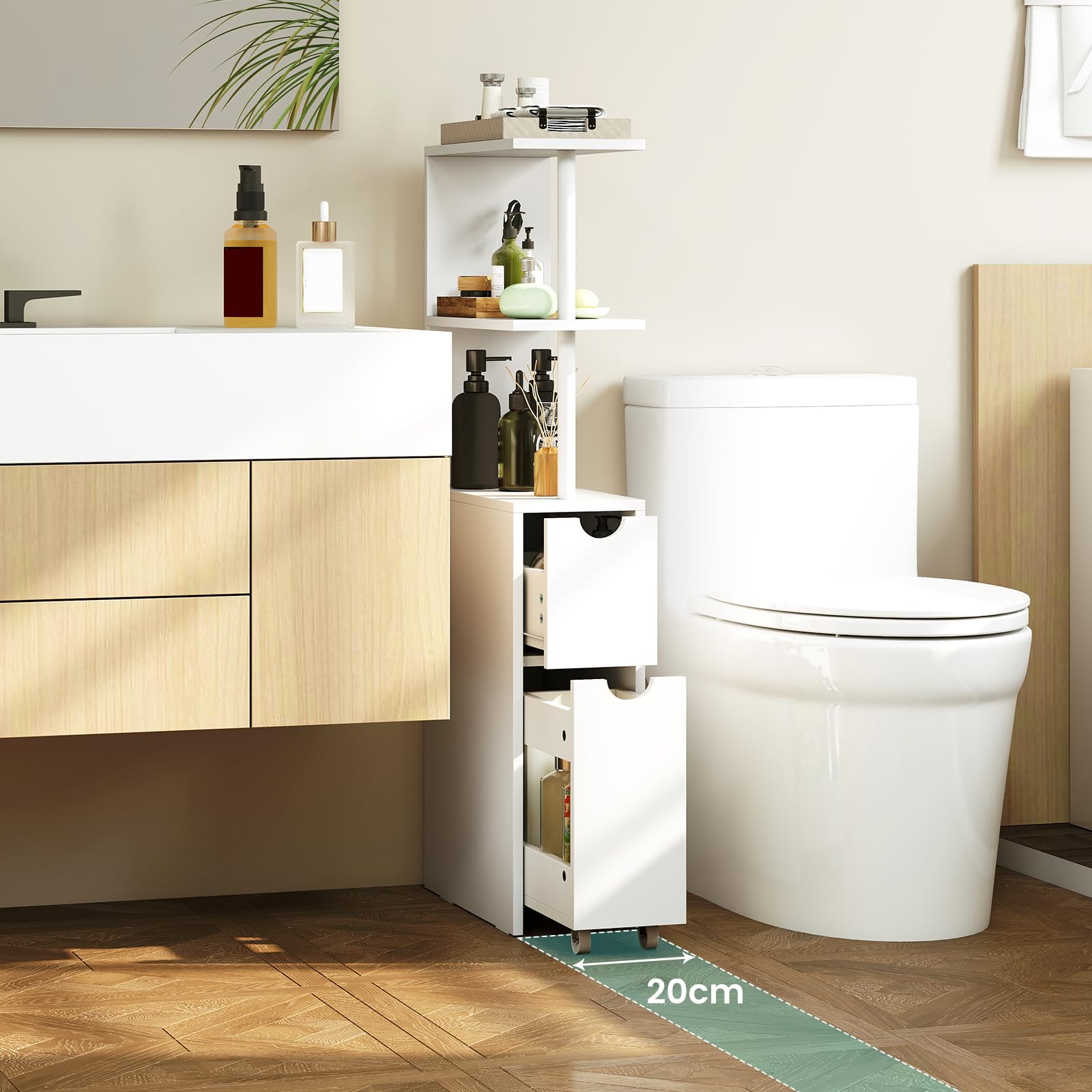 COSTWAY Mobile da Bagno Salvaspazio, Mobiletto Stretto e Autoportante con Ripiani Aperti, Cassetto Scorrevole e Carrello Estraibile, Mobiletto a Terra in Legno per Cucina, 45 × 20 × 114 cm
