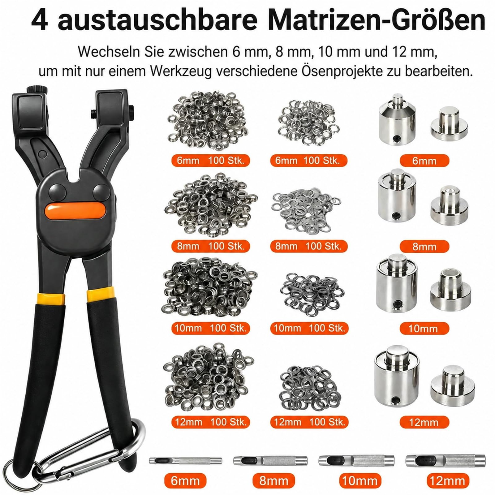 Ösenzange Set mit 400 Ösen, 6/8/10/12 mm Lochösen Zange, Professionelle Lochzange für Leder Stoff Planen Zelt Markisen, Doppelrichtung Nietzange mit Aufbewahrungskoffer