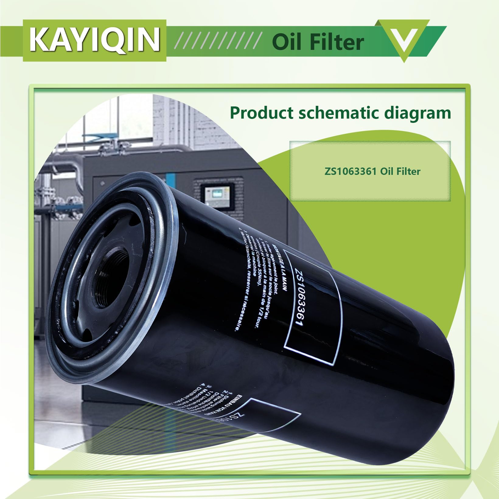 ZS1063361 KAYIQIN Oil Filter Compatible with ESM55/75/80/90/132 Air Compressor, VS75/90/132 Replacement Part QX112653