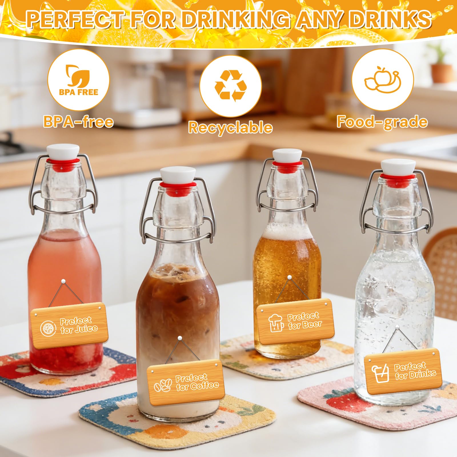 Botellas Cristal 200ml con Tapón Hermético de Clip Reutilizables para Aceites Vinagre Vino