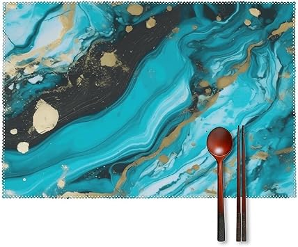 Turquoise Blue Gold Marble Placemats Set of 4-17.7x11.8 Inch Washable Non-Slip Table Mats, Durable Wipeable Kitchen & Dining Mats for Party Decor, Home Table Setting, Oil/Scratch Protection