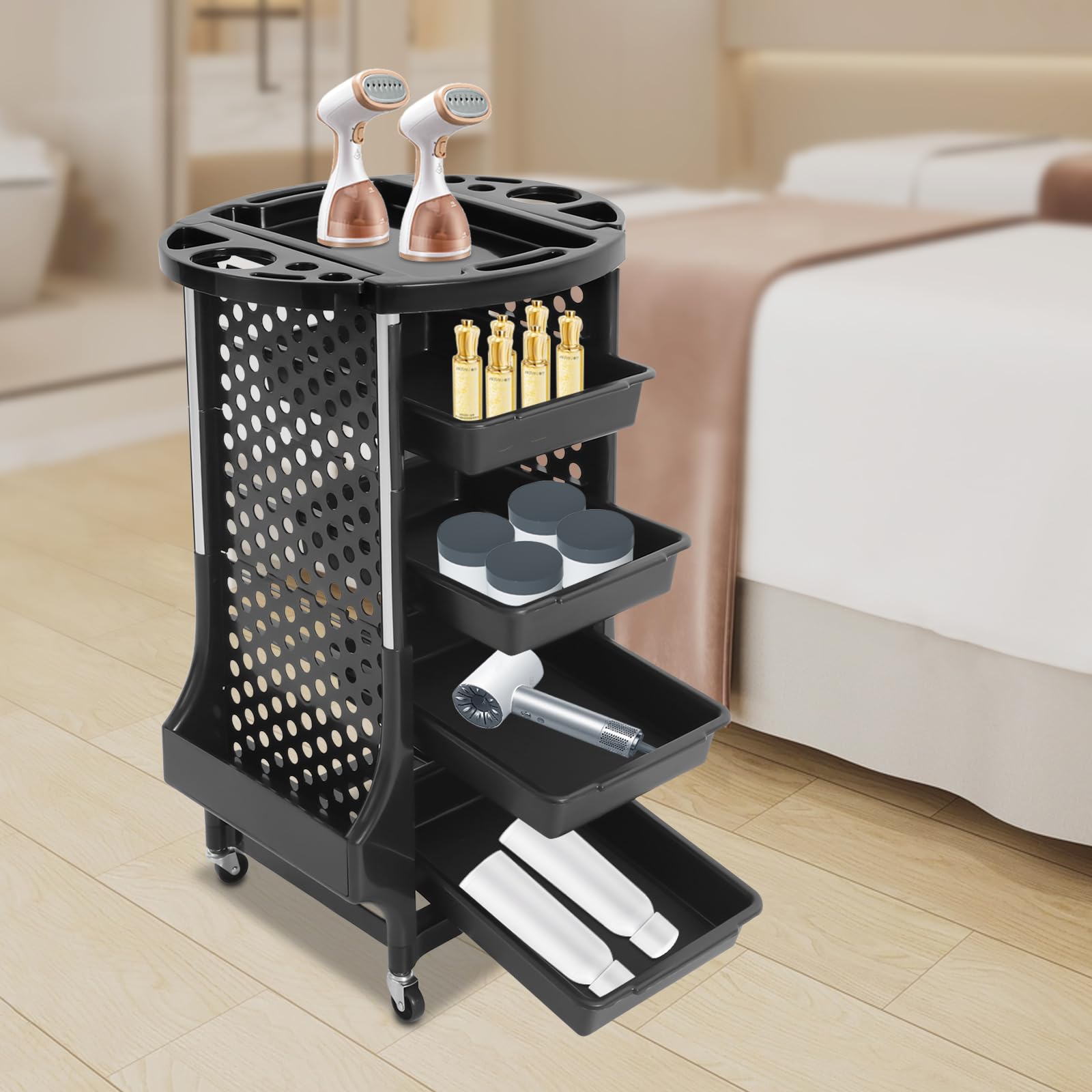 Salonwagen Kosmetikwagen mit 4 ausziehbaren Fächern,Friseur Zubehör,Bedienungswagen, Friseur Arbeitswagen Drehbar,Friseurwagen,Zwei Seitenrahmen für Beauty Salon SPA 52 × 44 × 79 cm