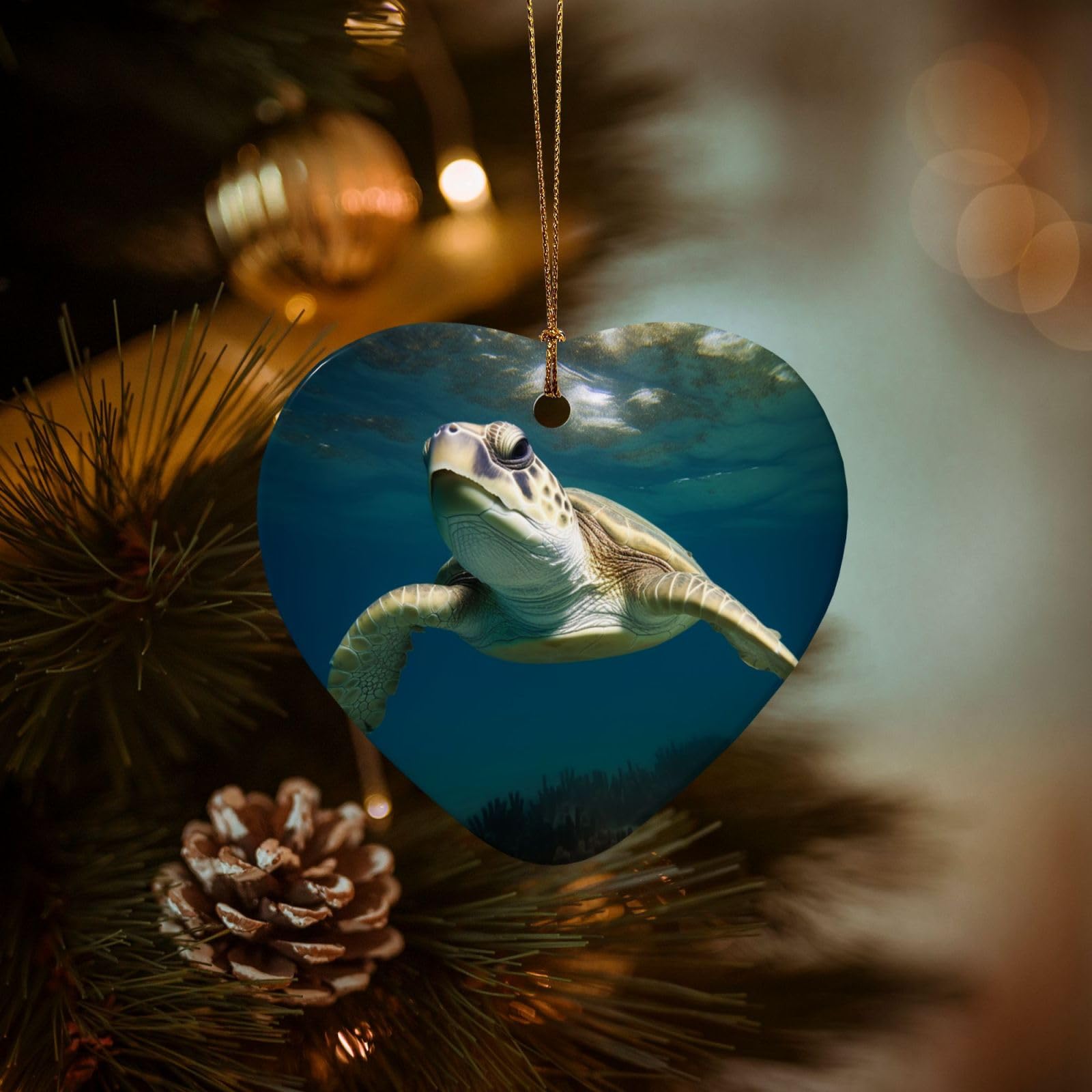 Christmas Ornaments for Christmas Tree Decoration Hanging Underwater Tutrle Ornament with Gold Ribbon Crafts Heart Shape Ceramic Pendant for Keepsake Gifts Xmas Decor Party Supplies