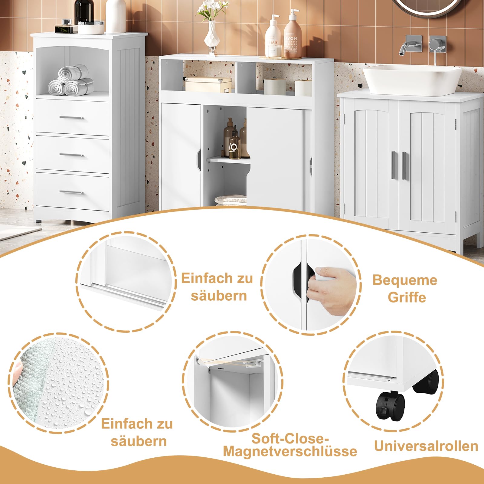 EUGAD Mobile da Bagno con Ante e Ruote, Armadietto da Bagno con Scomparti Aperti e Nascosti, Mobiletto Multiuso, per Cucina, Bagno, in Legno, Bianco, 70x20x71,5 cm