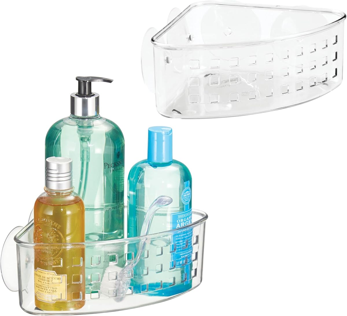 Plastic Suction Cup Corner Shower Basket, Set of 2, Clear | Bathroom Storage, Made in USA