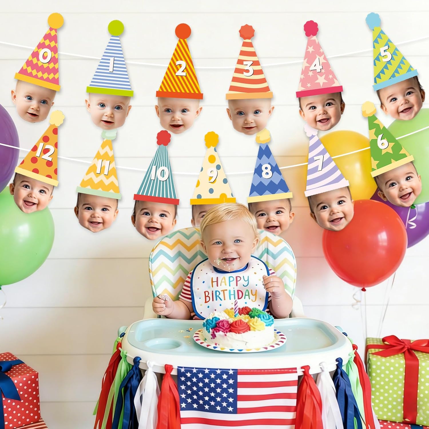 AnyDesign Birthday Hat Hanging Paper Banner Newborn to 12 Months Monthly Milestone Bunting Garland for Home Party Backdrop Photo Props Supplies