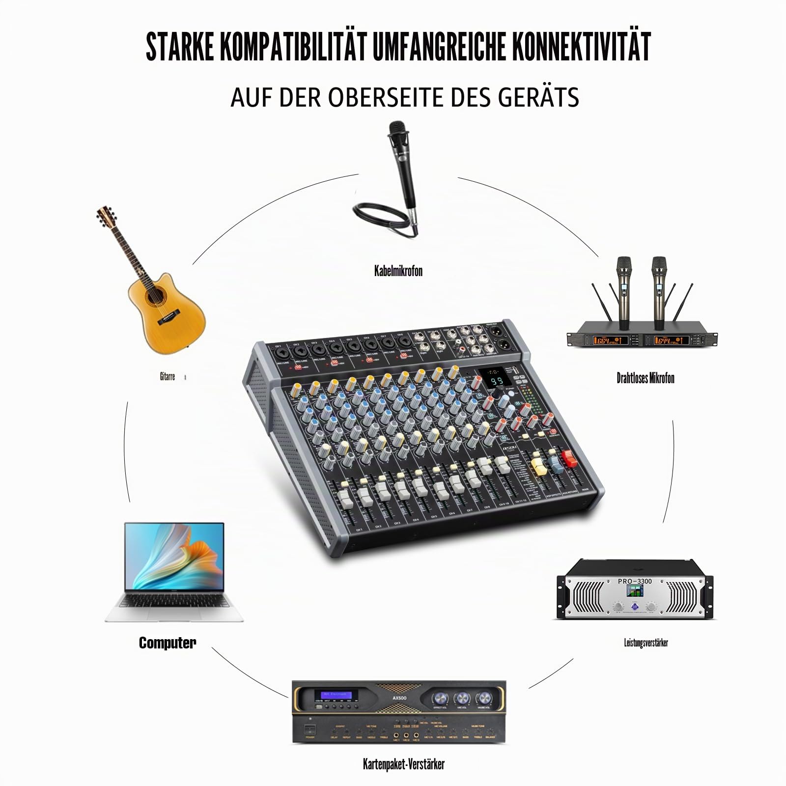 Audio-Mischer, 16-Kanal DJ Bluetooth Studiomischer mit 99 DSP-Effekten USB-Antrieb + 48V Phantom Power, XLR-Mikrofonbuchse Profi-Mischer für Karaoke-Studio Streaming Aufnahme