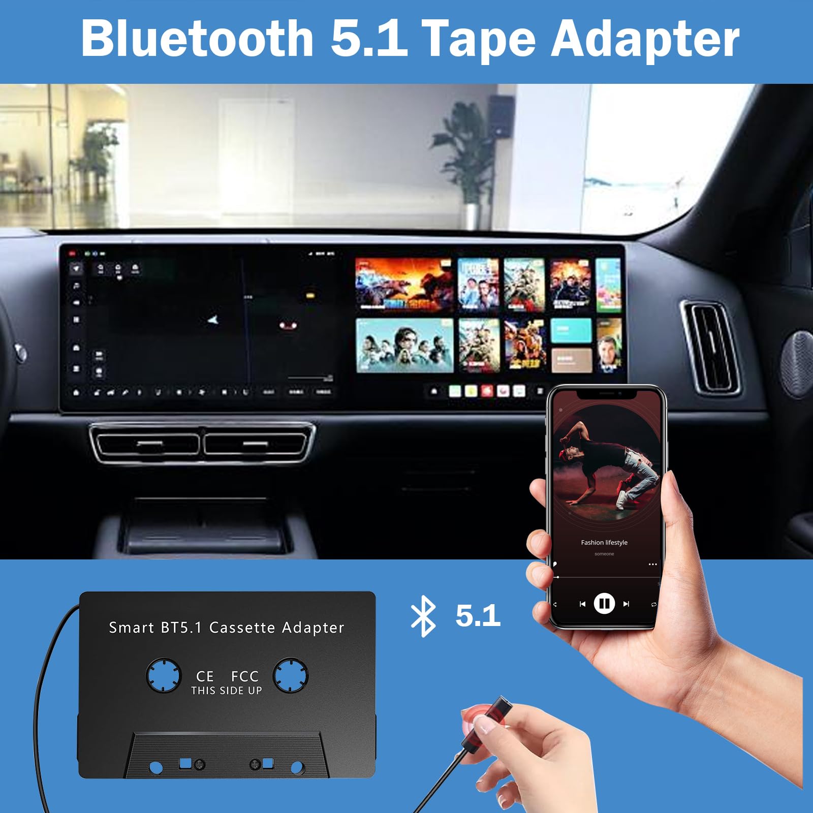 Adapter kasetowy Bluetooth do kasety samochodowej 5.1, adapter kasetowy do radia samochodowego, adapter kasetowy z mikrofonem Hi-Fi Stereo, rozmowy głośnomówiące do smartfonów/odtwarzaczy MP3/CD