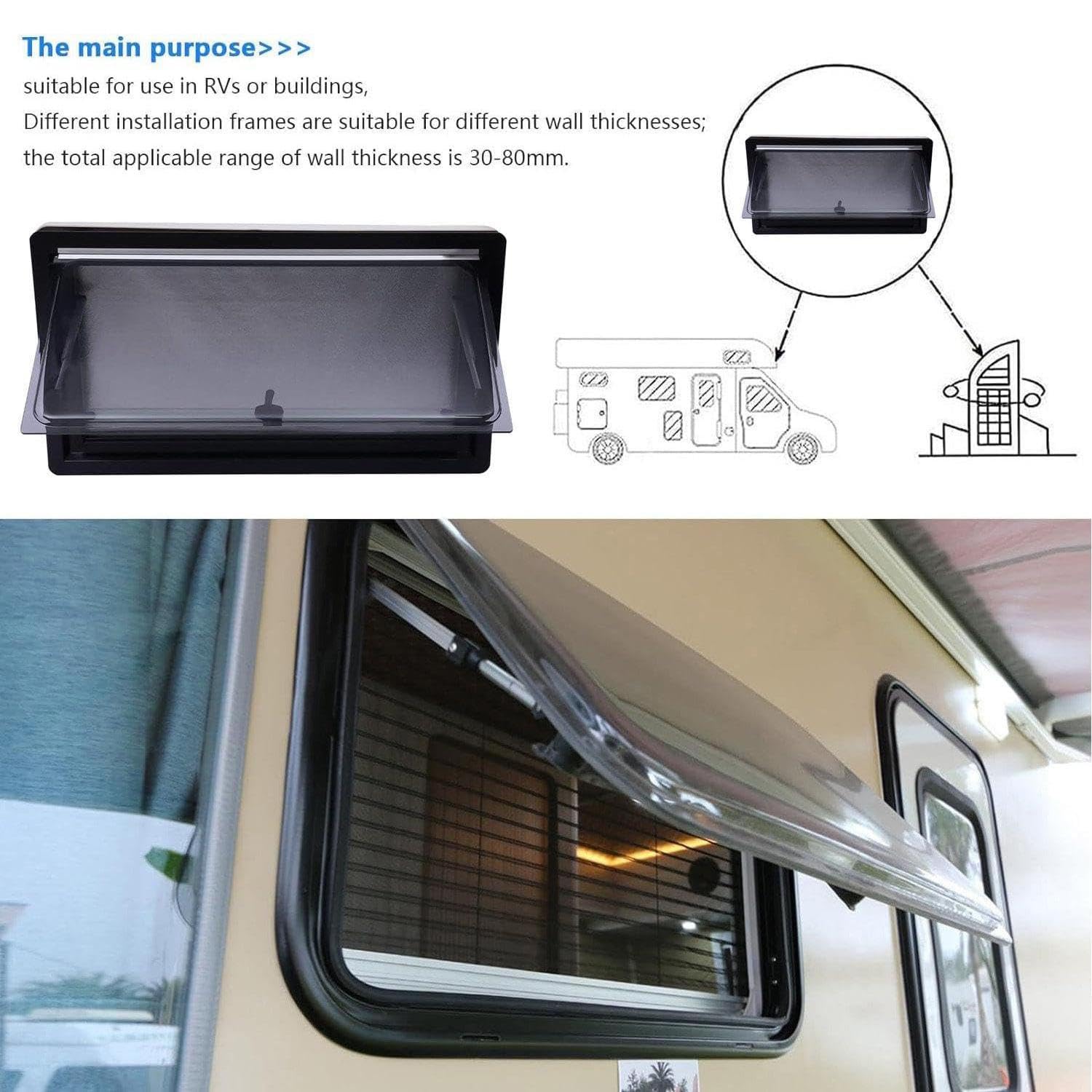 Wohnmobil- und Wohnwagenfenster mit Sonnenschutz – Camper Fenster Ausstellfenster für Camping, mit integriertem Rollo und Fliegengitter, geeignet für mit einer Wandstärke von 25-55 mm,1000x800mm