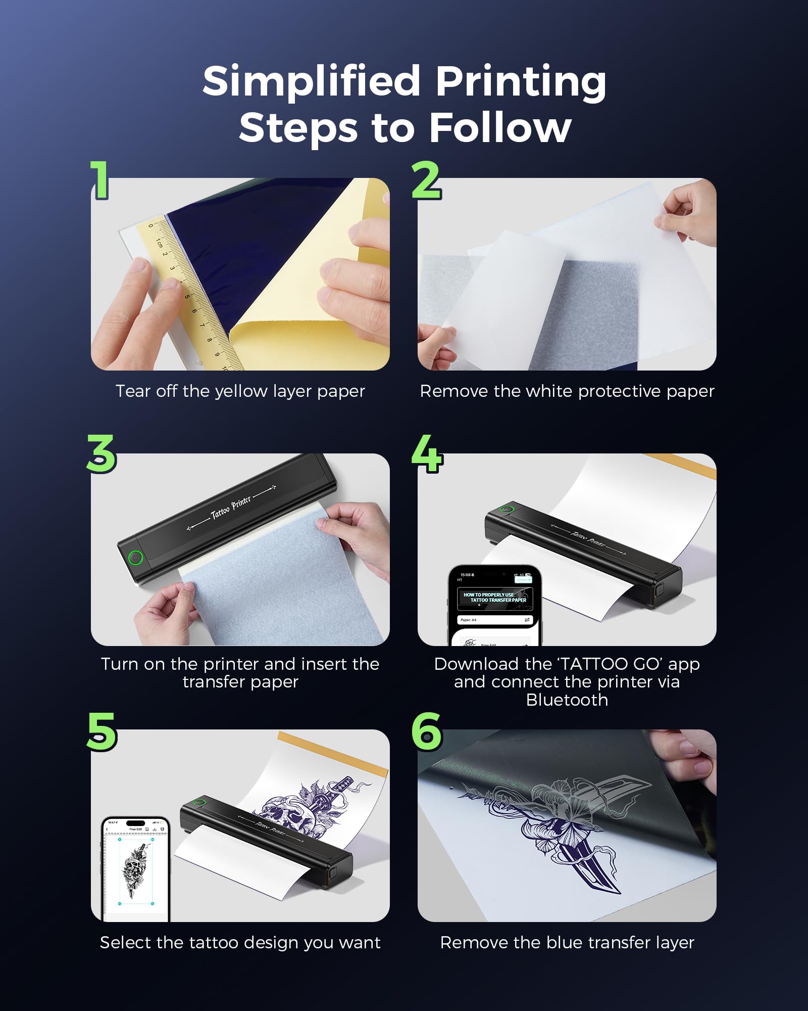 Veson H1 Termocopiadora Tattoo Bluetooth, Impresora Termica Tattoo Profesional Compatible con Phone y Tablet, Stencil Impresora para Tatuajes con 10pcs Termocopiadora Tatuaje Papel de Tatuaje