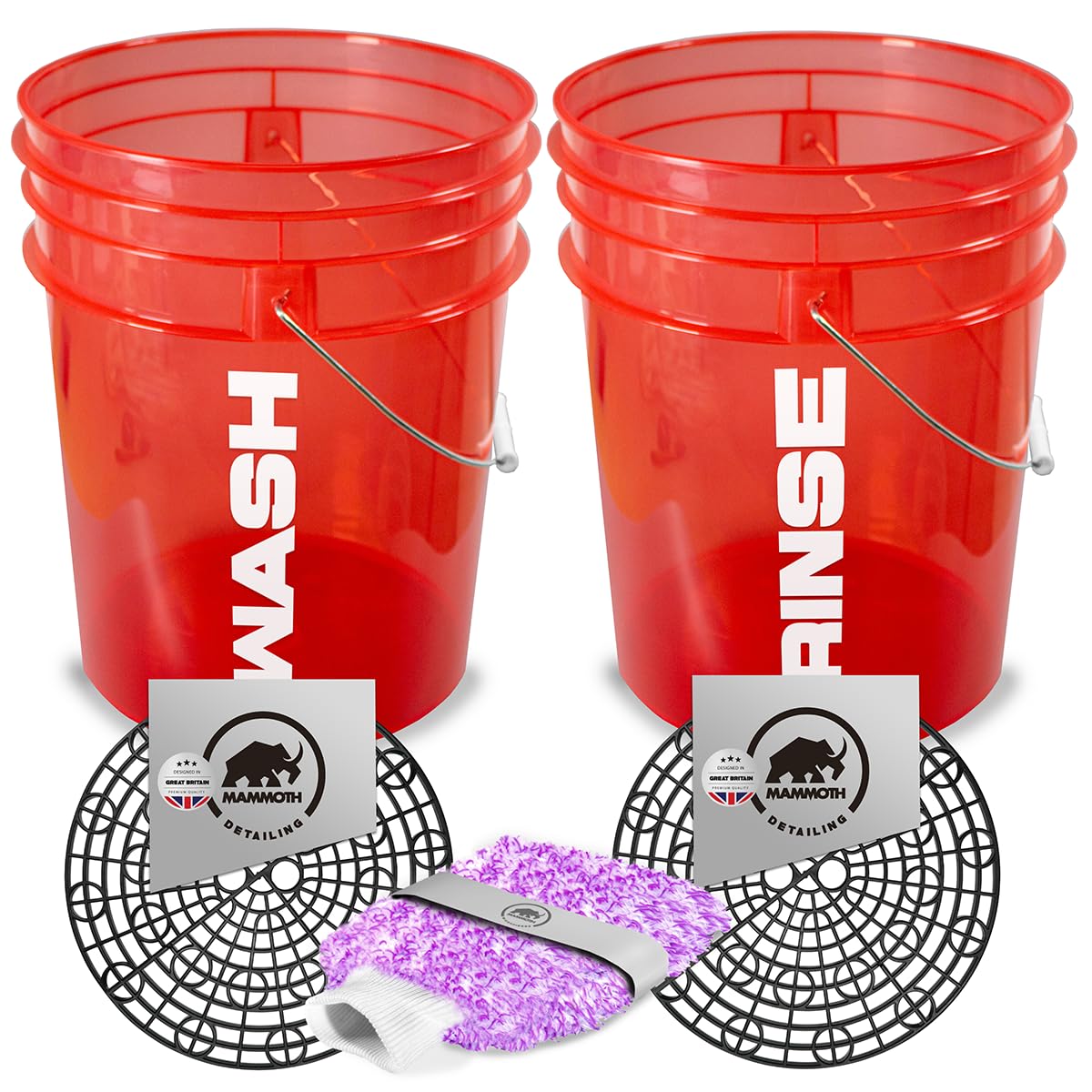 5pc Detailing Car Wash Bucket Set With Wash Guards for Scratch Free Car Cleaning. Includes Microfibre Washmitt. (Red)
