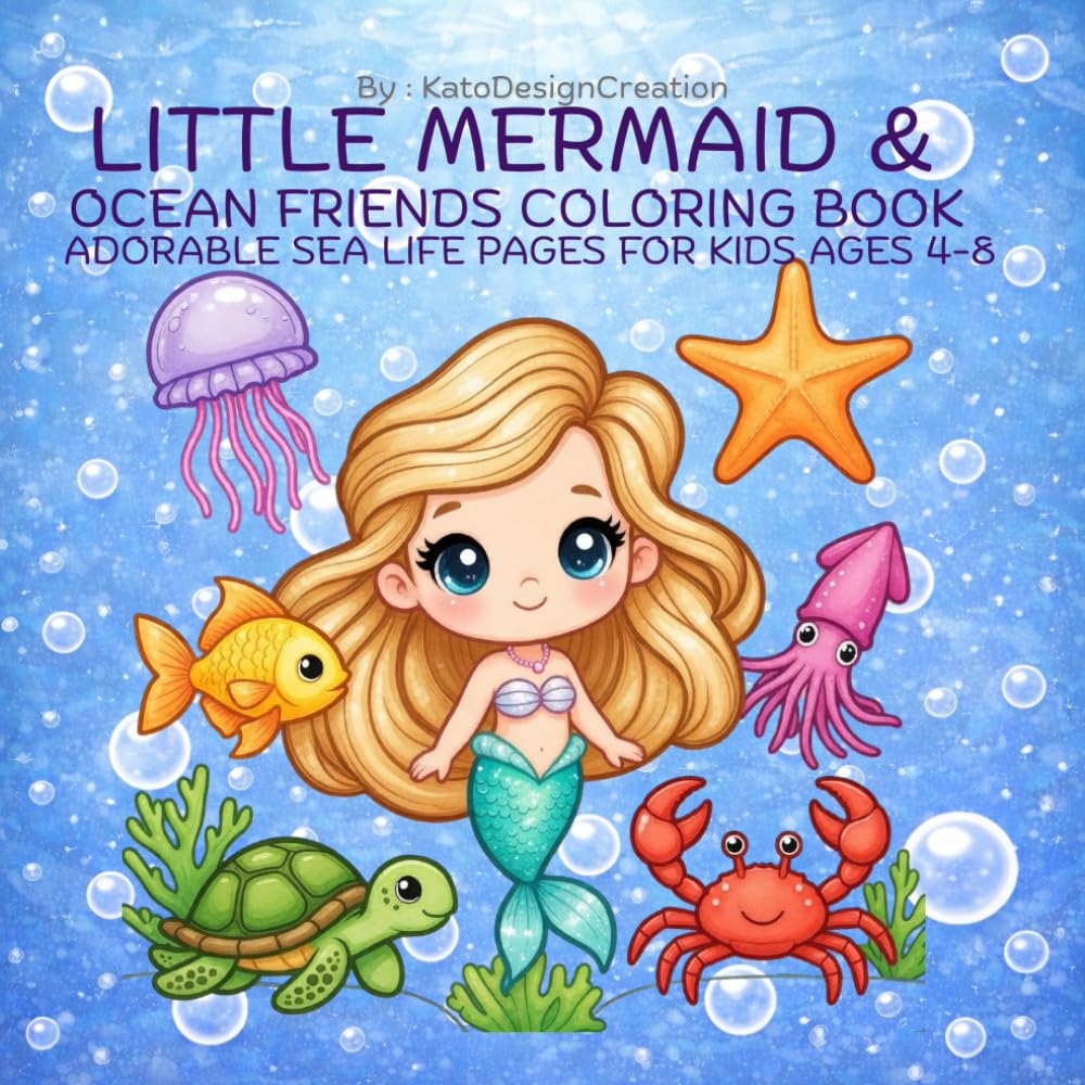 Little Mermaid & Ocean Friends Coloring Book Adorable Sea Life Pages for Kids Ages 4-8: Big Bold Lines for Easy Coloring, Perfect Gift for Girls Who Love Mermaids