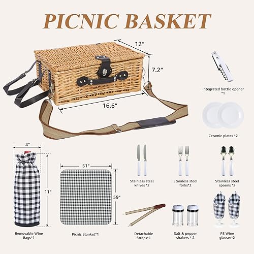 Miniatura 4 de Cesta de picnic para 2 con manta, juego de cesta de picnic de mimbre con correa para el hombro y bolsa para vino, cesta grande de mimbre con Rejilla